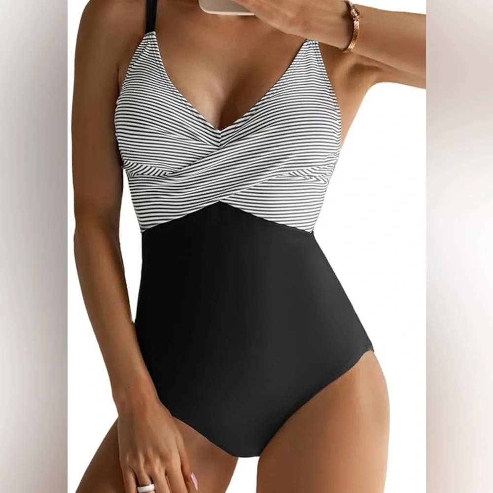 NWT Women’s B2PRITY‎ One Piece Black White Front Cross Tummy Control Swimsuit M